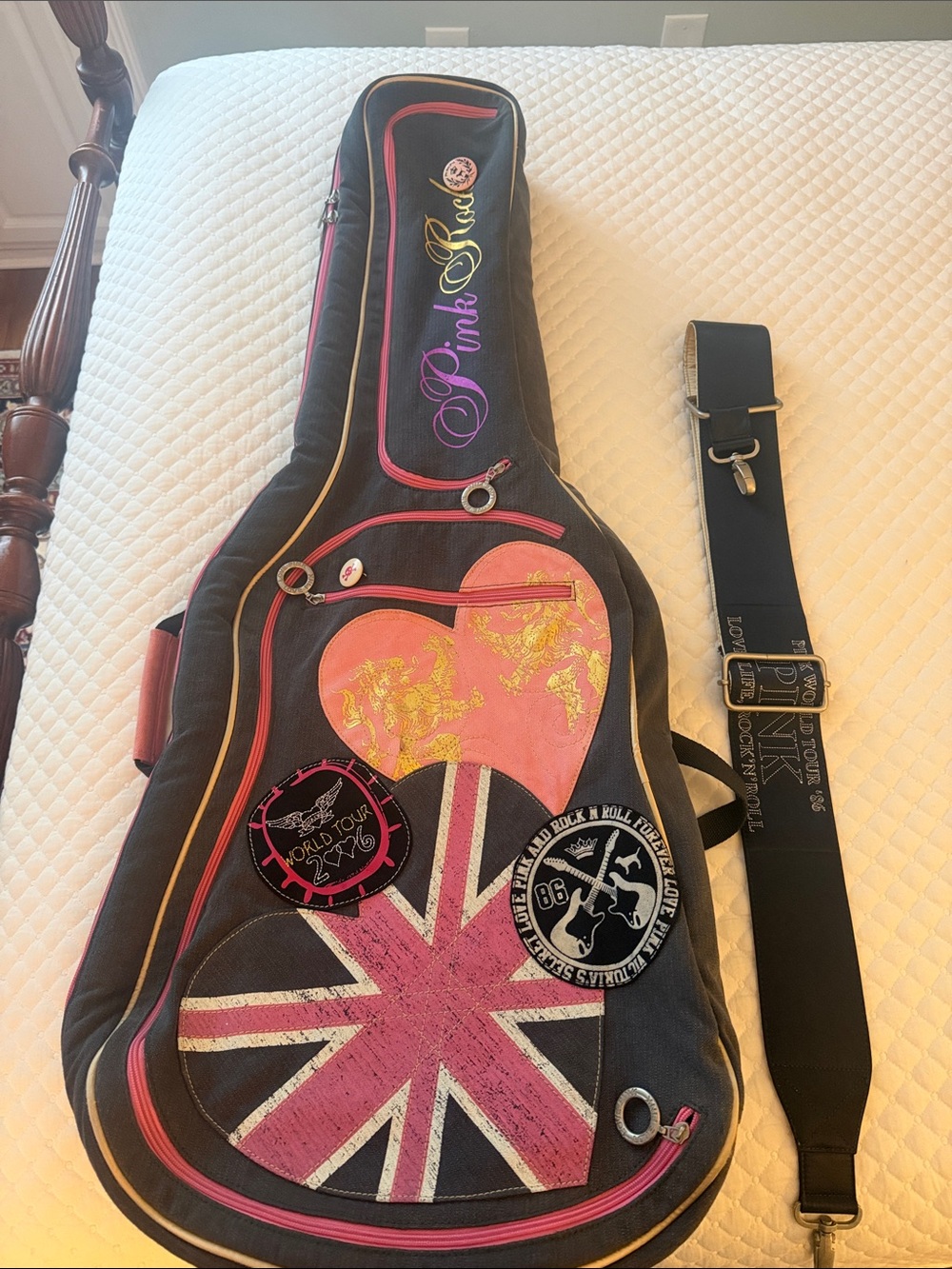 Pink Victoria Secret Heart & Union Jack Guitar Bag - Pink, Black
